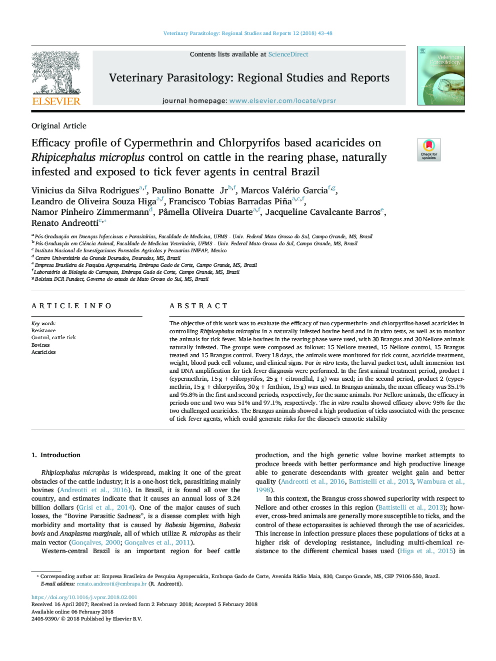 Efficacy profile of Cypermethrin and Chlorpyrifos based acaricides on Rhipicephalus microplus control on cattle in the rearing phase, naturally infested and exposed to tick fever agents in central Brazil