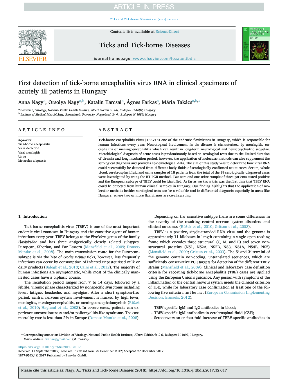 First detection of tick-borne encephalitis virus RNA in clinical specimens of acutely ill patients in Hungary