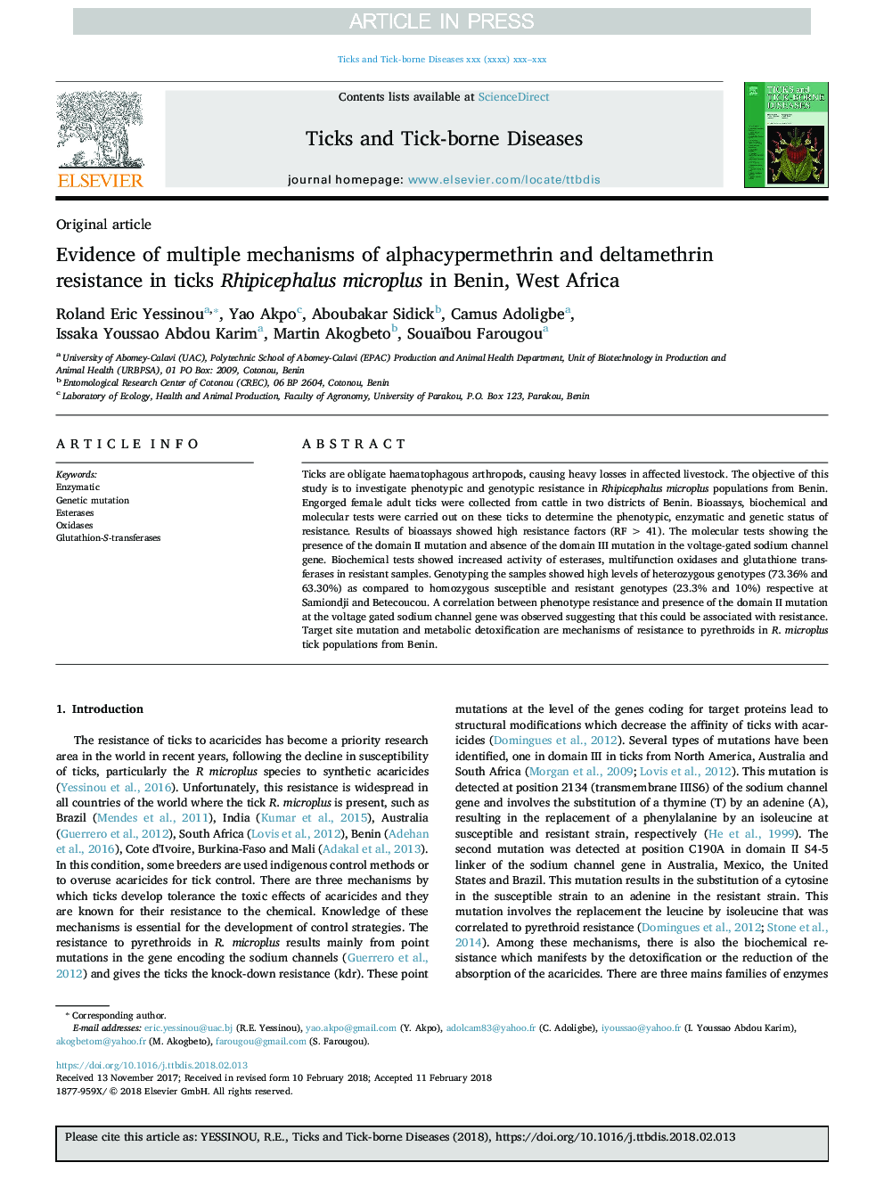 Evidence of multiple mechanisms of alphacypermethrin and deltamethrin resistance in ticks Rhipicephalus microplus in Benin, West Africa