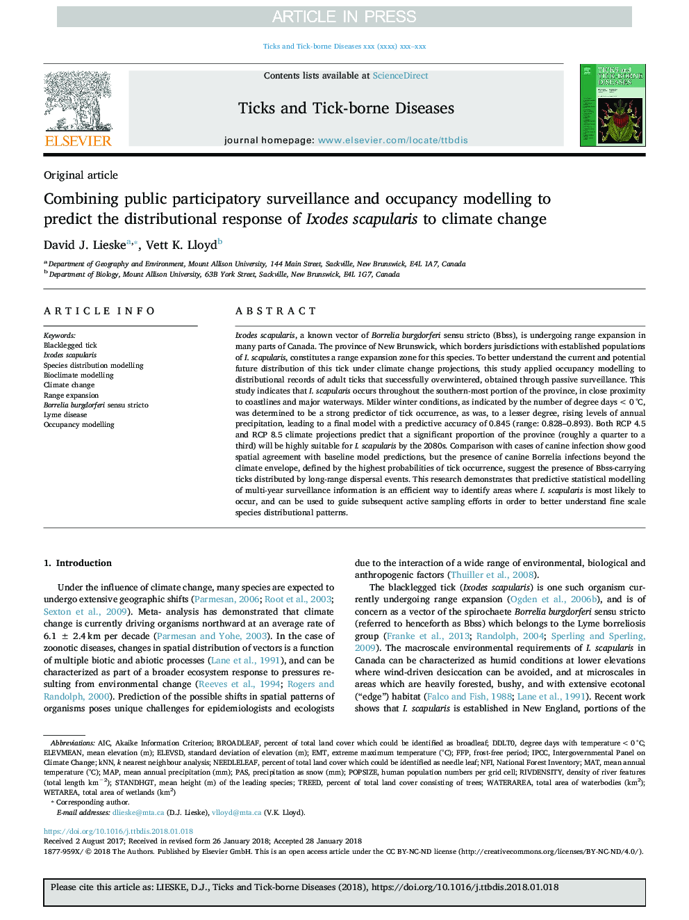 Combining public participatory surveillance and occupancy modelling to predict the distributional response of Ixodes scapularis to climate change