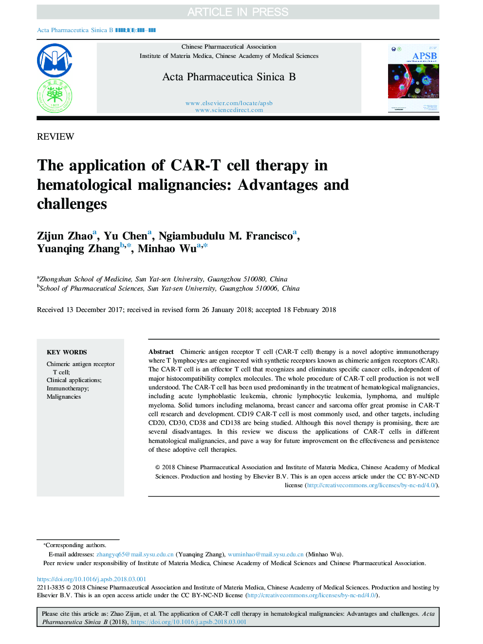 The application of CAR-T cell therapy in hematological malignancies: advantages and challenges