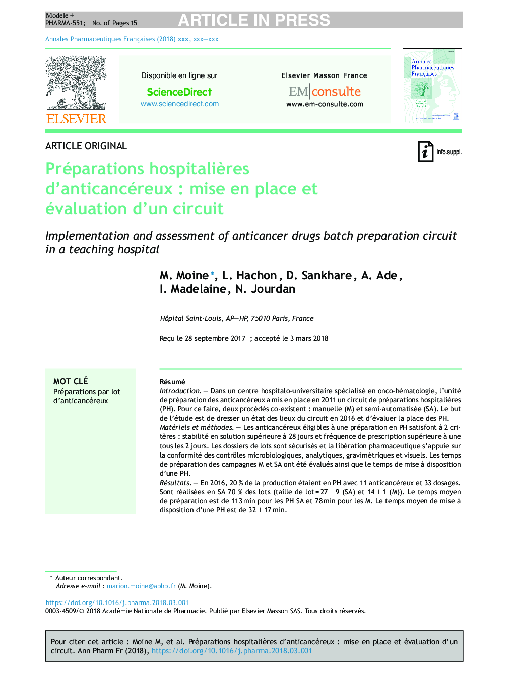 Préparations hospitaliÃ¨res d'anticancéreuxÂ : mise en place et évaluation d'un circuit