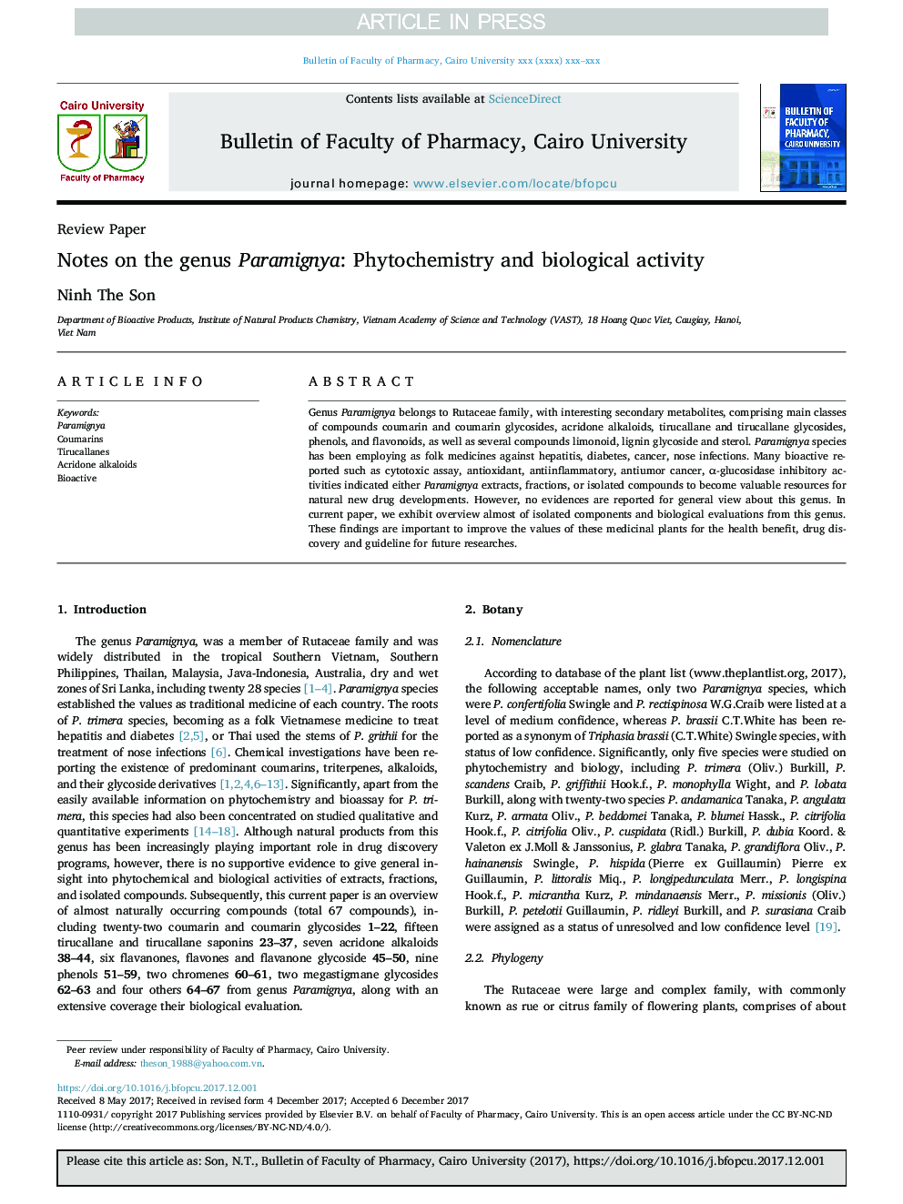 Notes on the genus Paramignya: Phytochemistry and biological activity