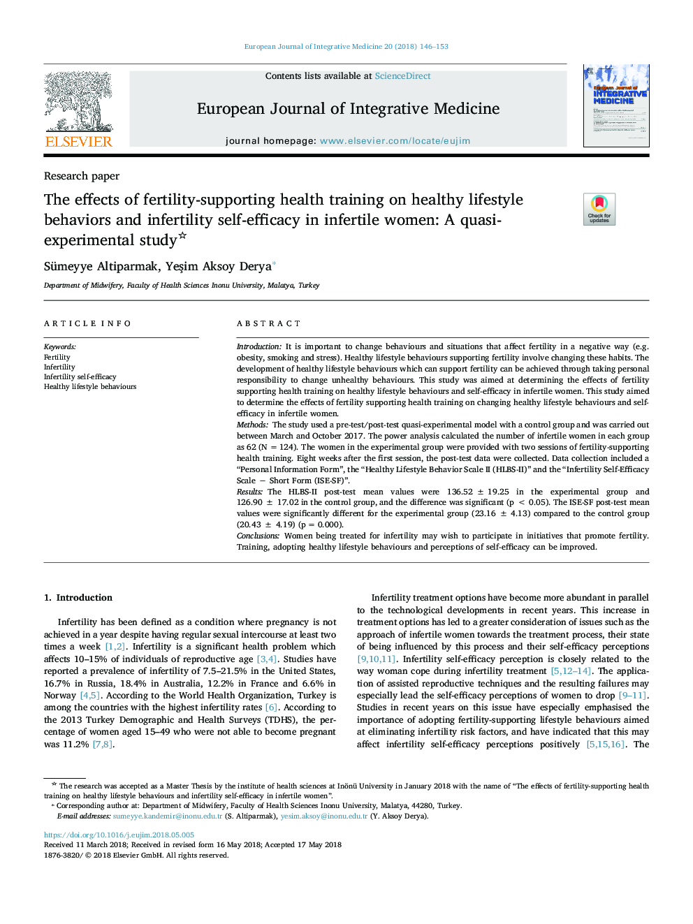 اثرات آموزش بهداشت باروری بر رفتارهای رفتاری سالم و خودکارآمدی ناباروری زنان نابارور: یک مطالعه شبه تجربی 