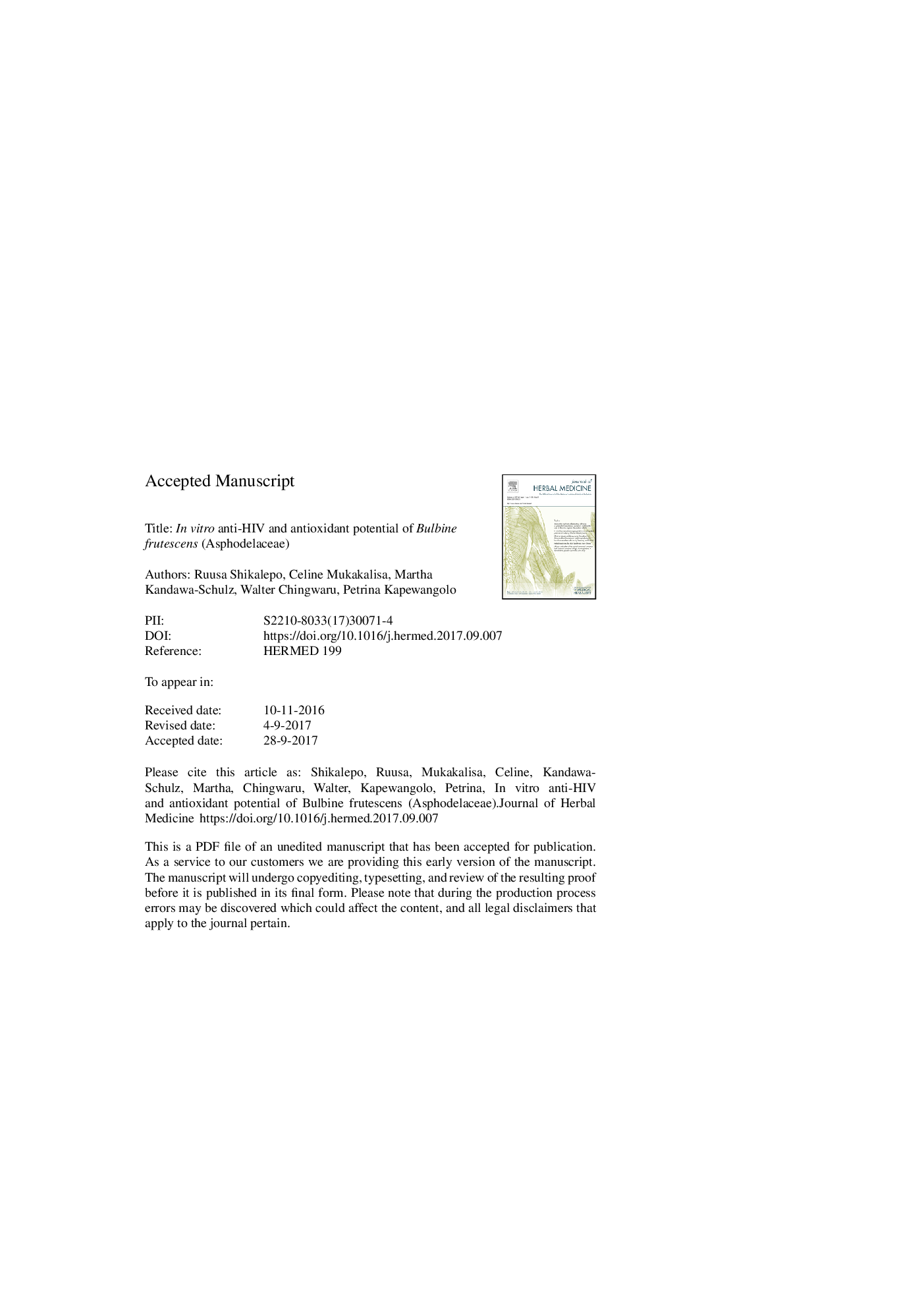 In vitro anti-HIV and antioxidant potential of Bulbine frutescens (Asphodelaceae)