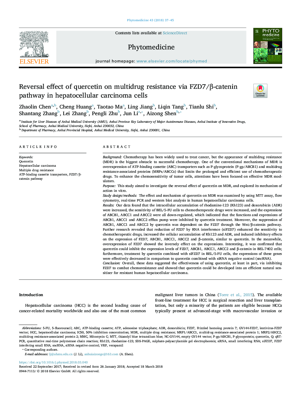 Reversal effect of quercetin on multidrug resistance via FZD7/Î²-catenin pathway in hepatocellular carcinoma cells