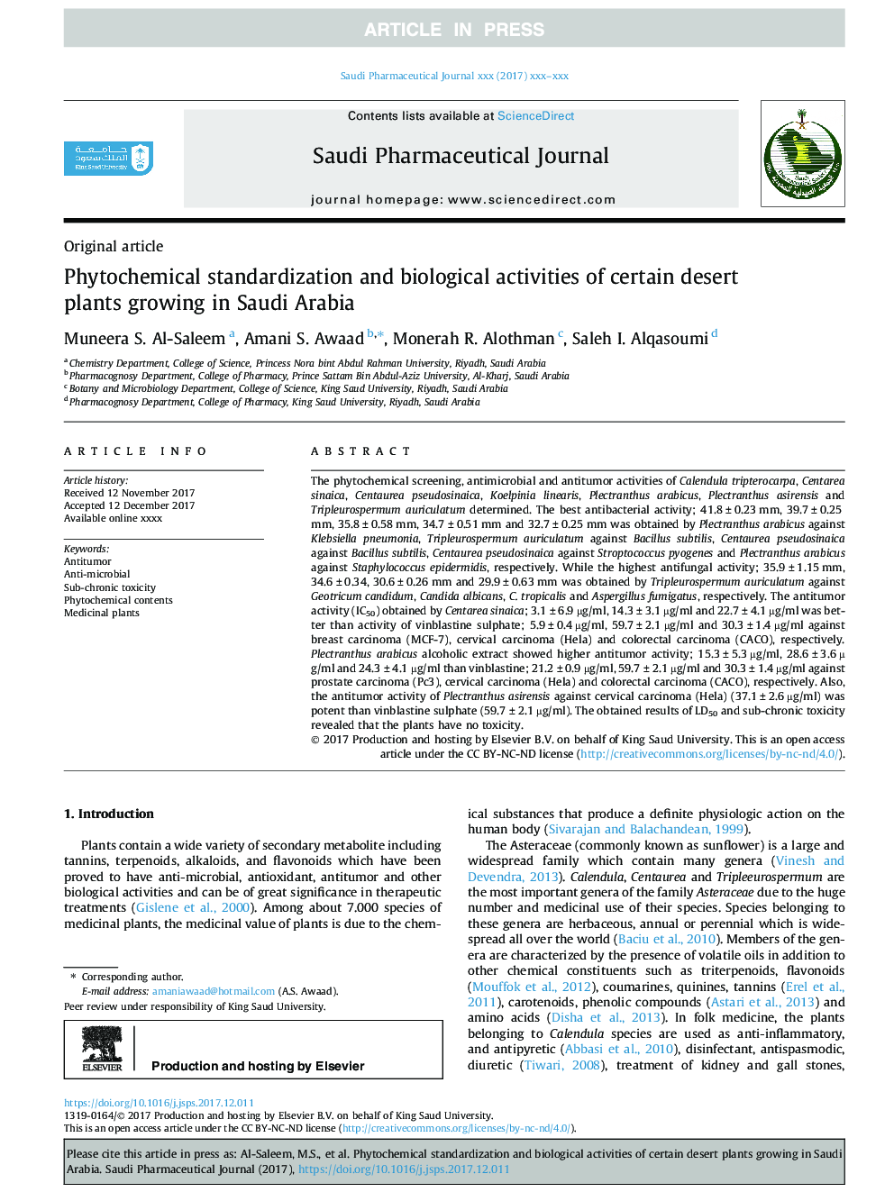 استاندارد سازی فیتوشیمیایی و فعالیت های بیولوژیکی برخی از گیاهان بیابانی که در عربستان سعودی رشد می کنند 