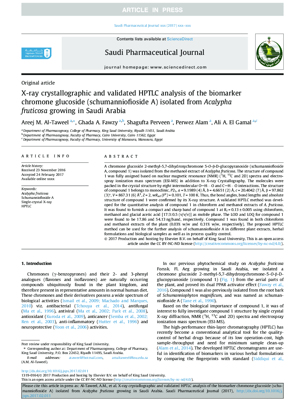 X-ray crystallographic and validated HPTLC analysis of the biomarker chromone glucoside (schumanniofioside A) isolated from Acalypha fruticosa growing in Saudi Arabia