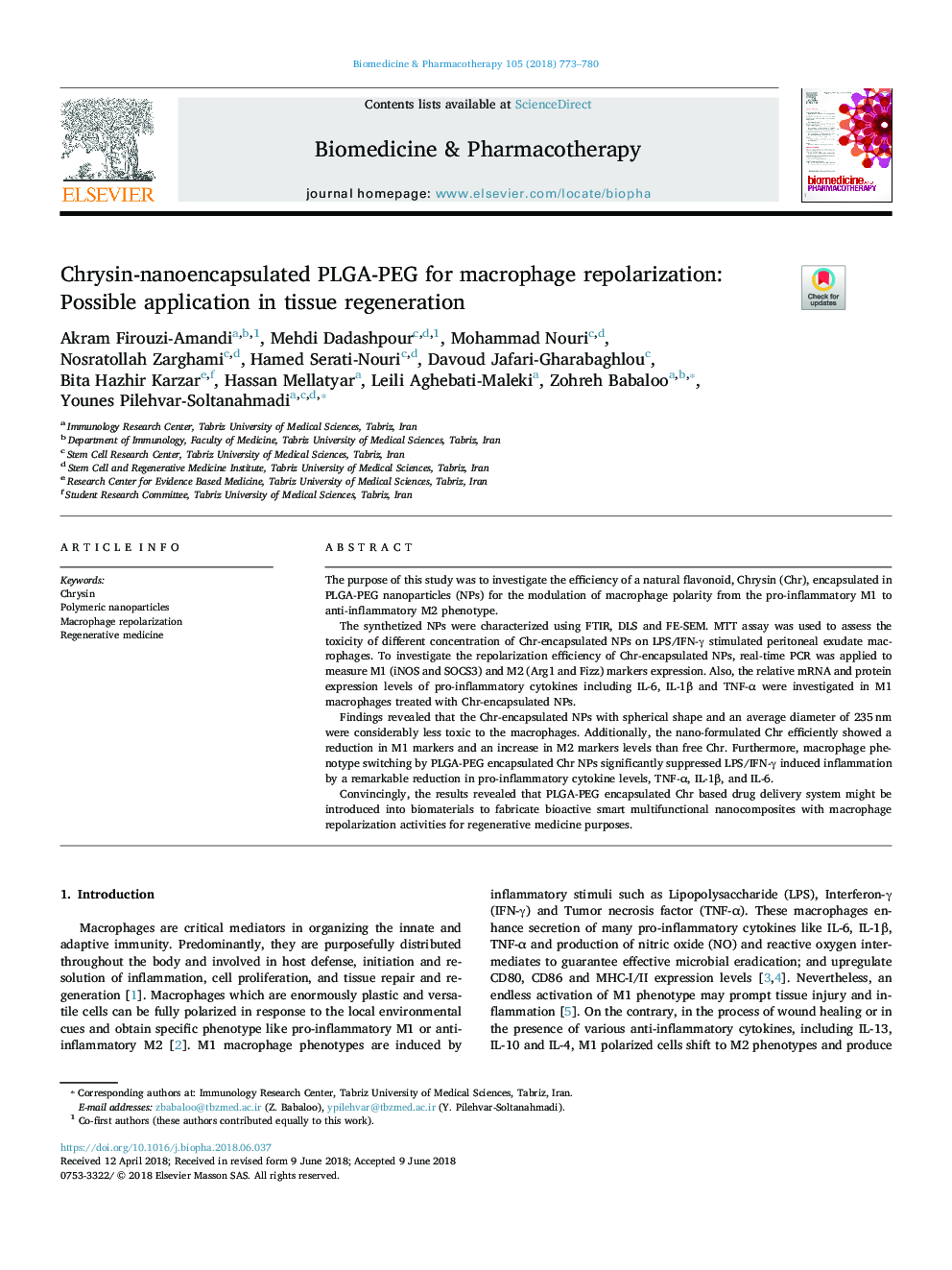 Chrysin-nanoencapsulated PLGA-PEG for macrophage repolarization: Possible application in tissue regeneration