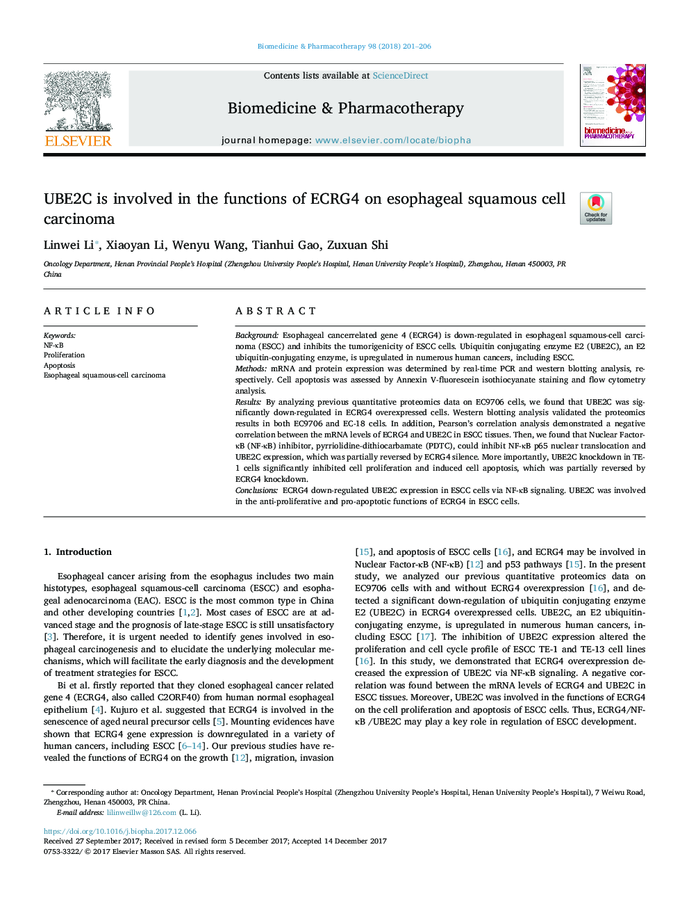 UBE2C is involved in the functions of ECRG4 on esophageal squamous cell carcinoma