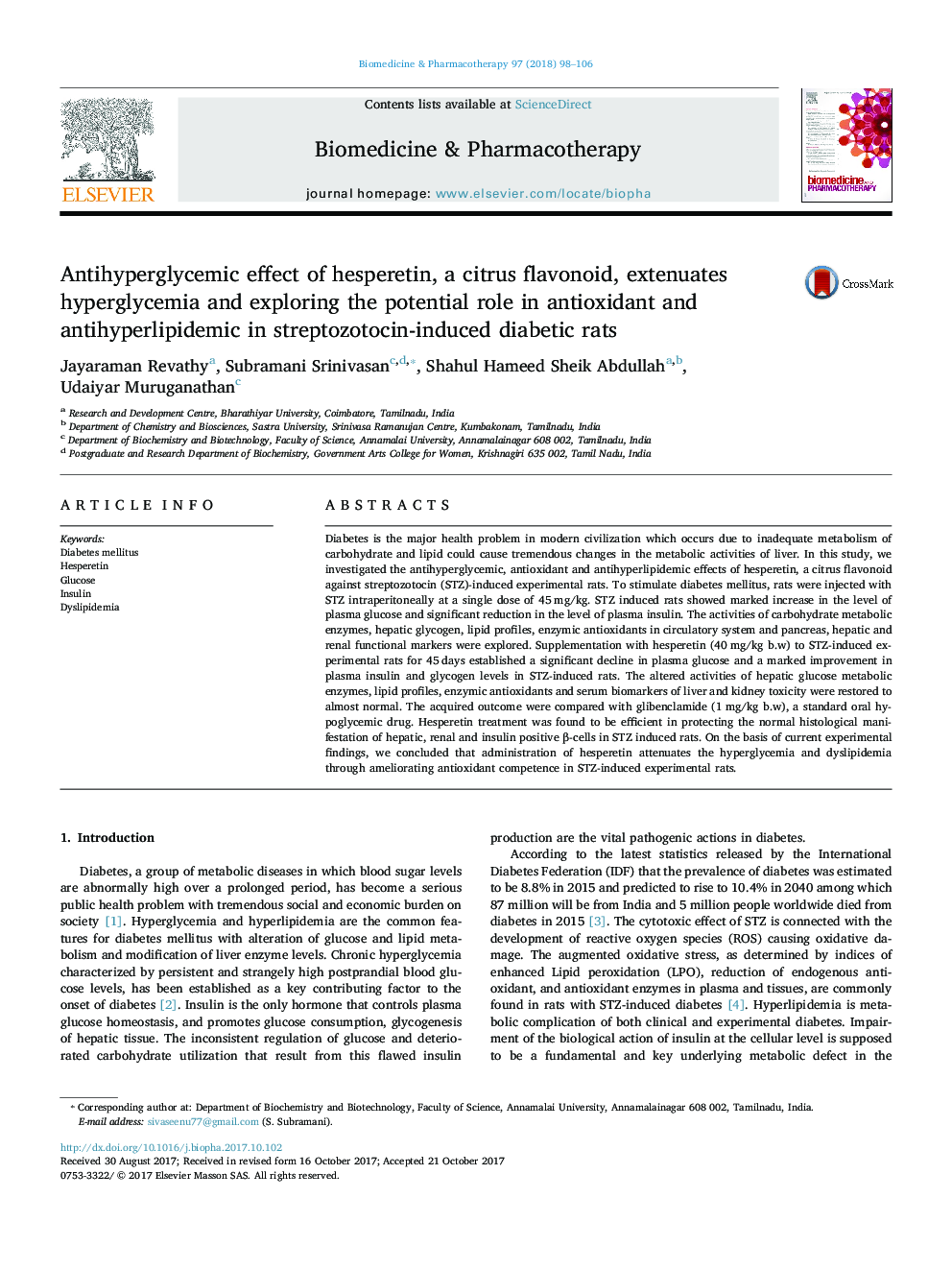اثر آنتیپیرگلیسمی هسپرتین، فلاونوئید مرکبات، کاهش هیپرگلیسمی و بررسی نقش بالقوه آنتی اکسیدان و آنتی هپرولیپیدمی در موش های صحرایی دیابتی ناشی از استرپتوزوتوسین 