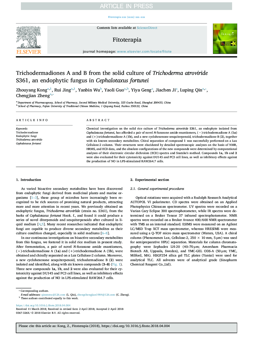 Trichodermadiones A and B from the solid culture of Trichoderma atroviride S361, an endophytic fungus in Cephalotaxus fortunei