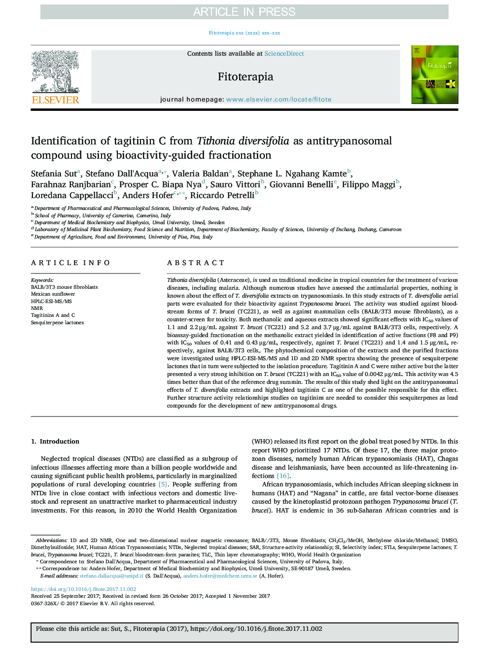 Identification of tagitinin C from Tithonia diversifolia as antitrypanosomal compound using bioactivity-guided fractionation