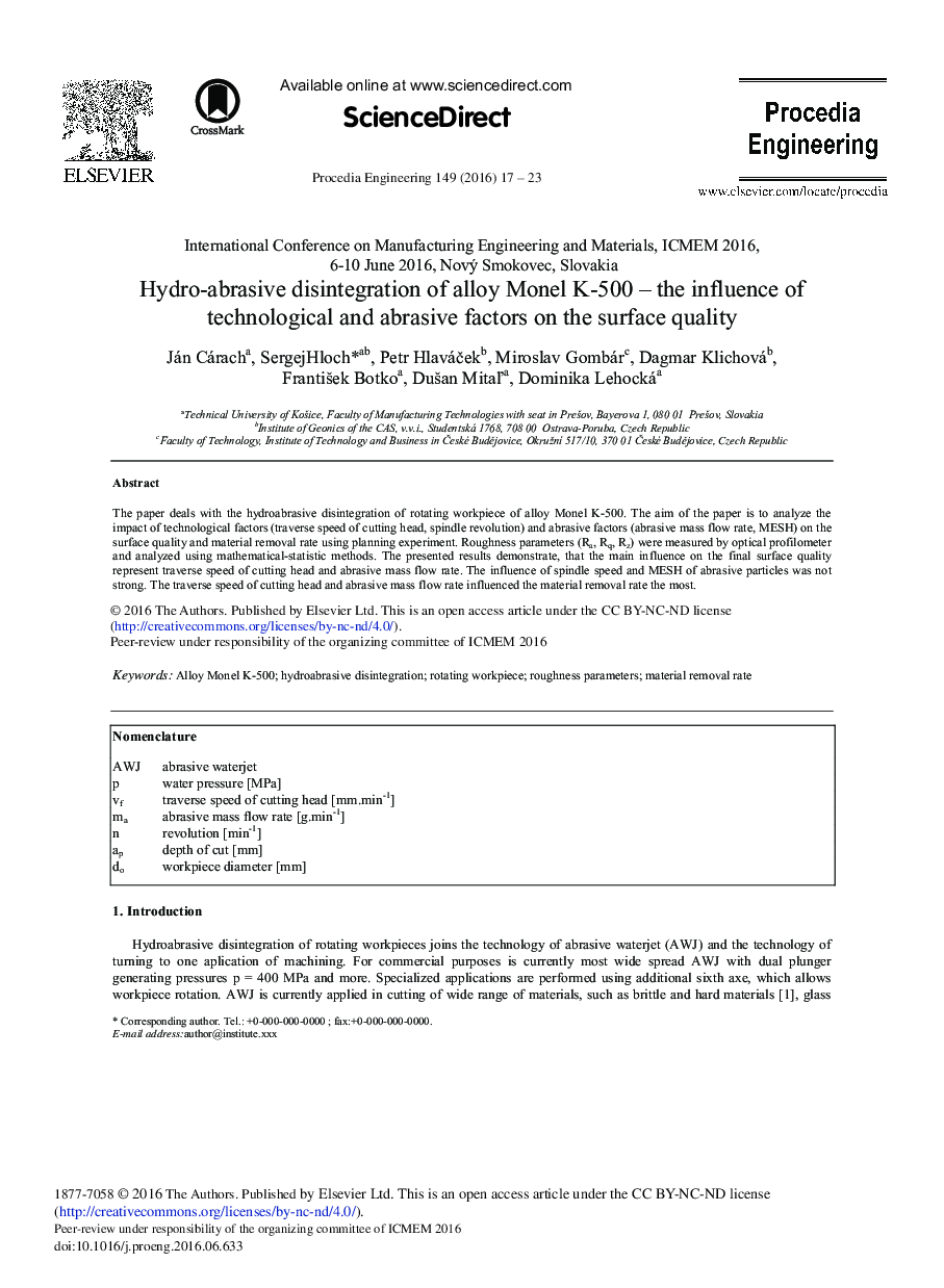 Hydro-abrasive Disintegration of Alloy Monel K-500 – the Influence of Technological and Abrasive Factors on the Surface Quality 