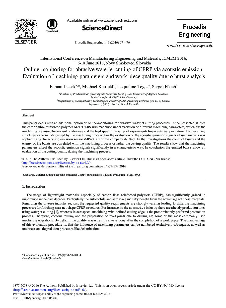 Online-monitoring for Abrasive Waterjet Cutting of CFRP via Acoustic Emission: Evaluation of Machining Parameters and Work Piece Quality Due to Burst Analysis 