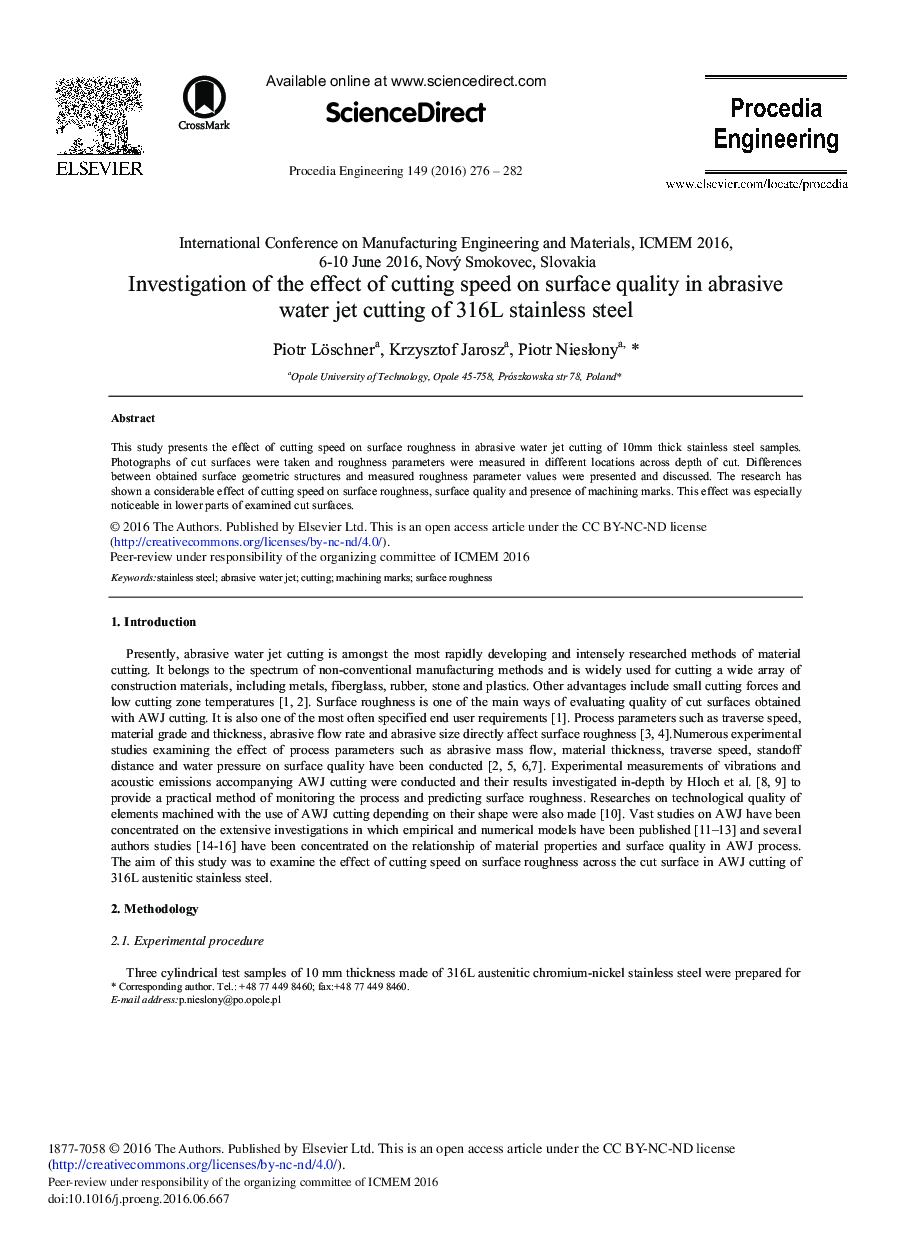 Investigation of the Effect of Cutting Speed on Surface Quality in Abrasive Water Jet Cutting of 316L Stainless Steel 