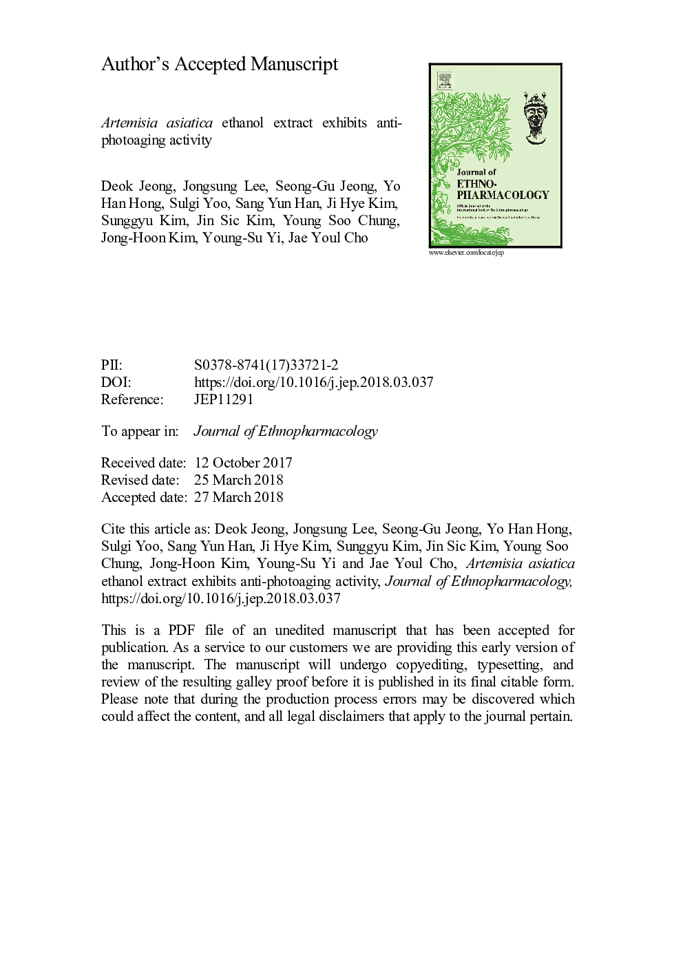 Artemisia asiatica ethanol extract exhibits anti-photoaging activity