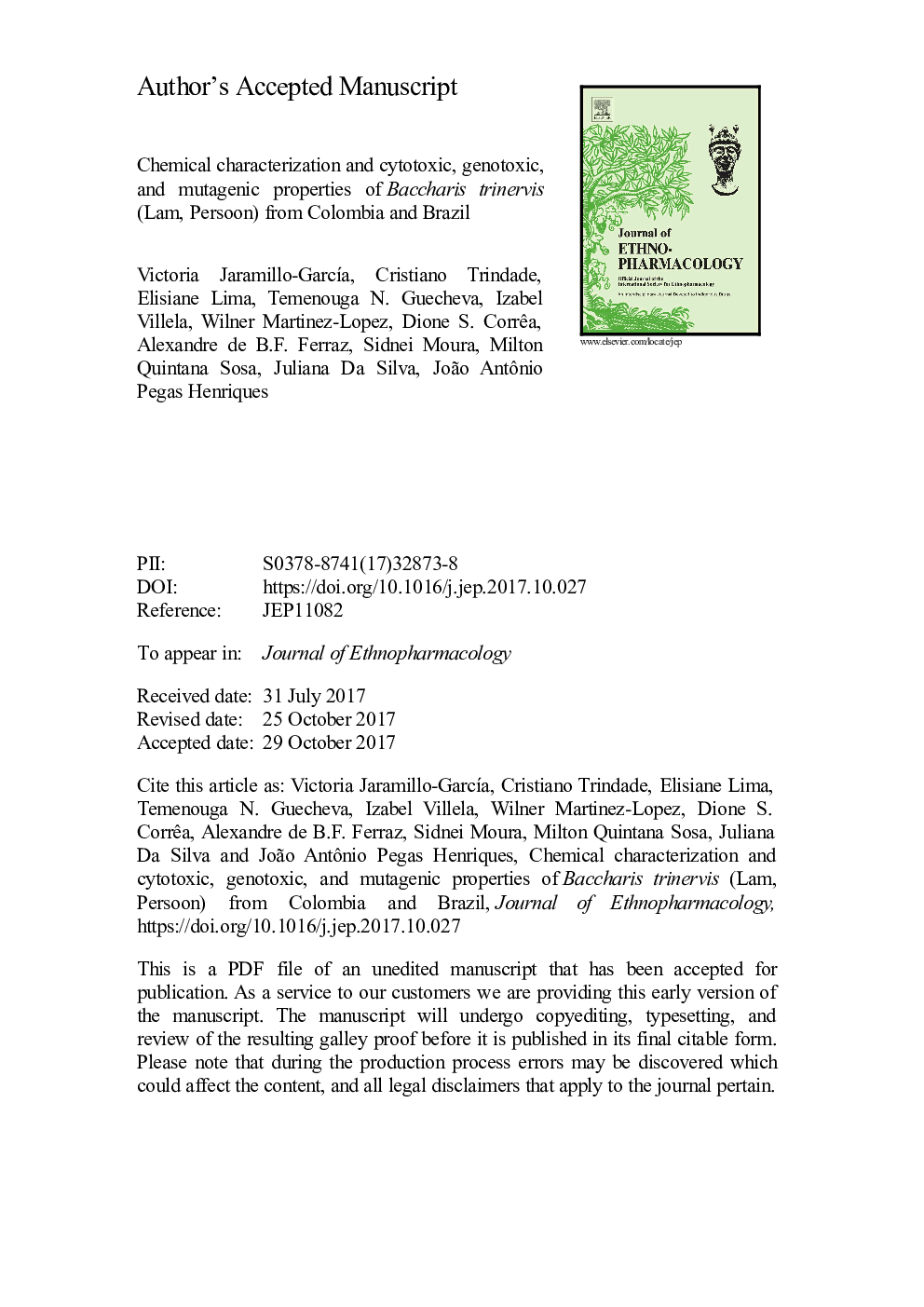 Chemical characterization and cytotoxic, genotoxic, and mutagenic properties of Baccharis trinervis (Lam, Persoon) from Colombia and Brazil