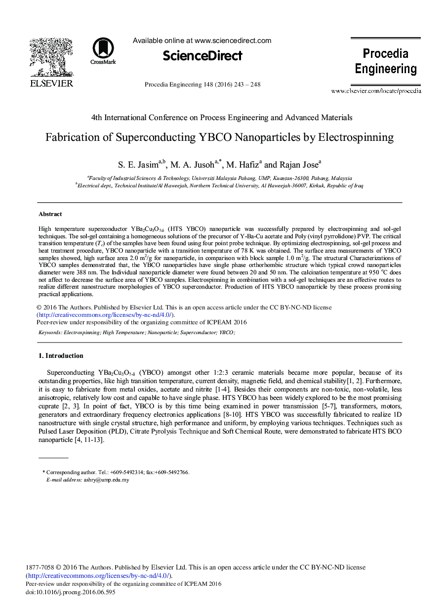 Fabrication of Superconducting YBCO Nanoparticles by Electrospinning 