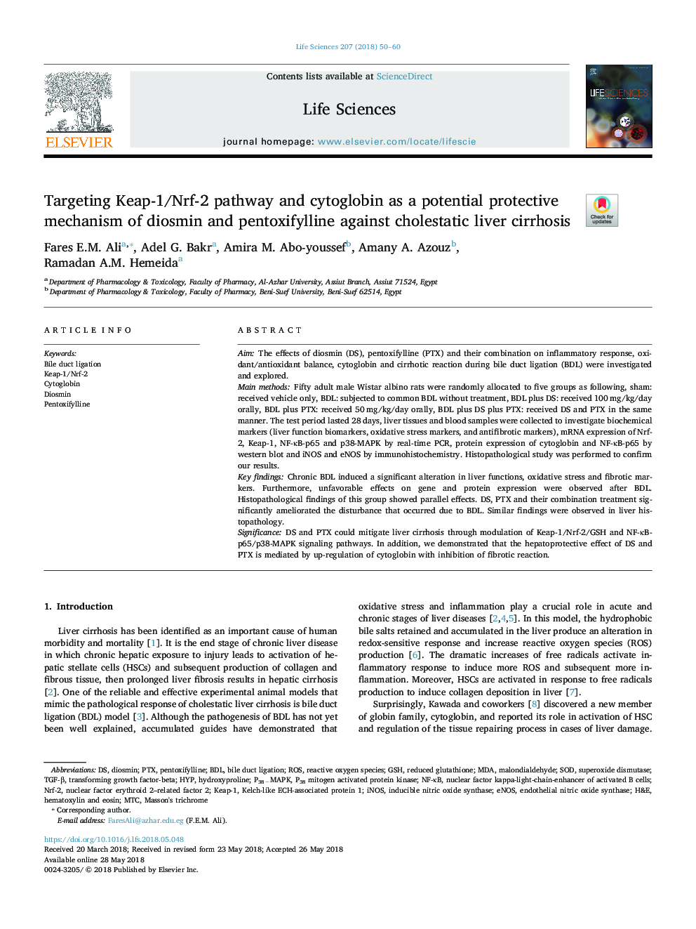 Targeting Keap-1/Nrf-2 pathway and cytoglobin as a potential protective mechanism of diosmin and pentoxifylline against cholestatic liver cirrhosis