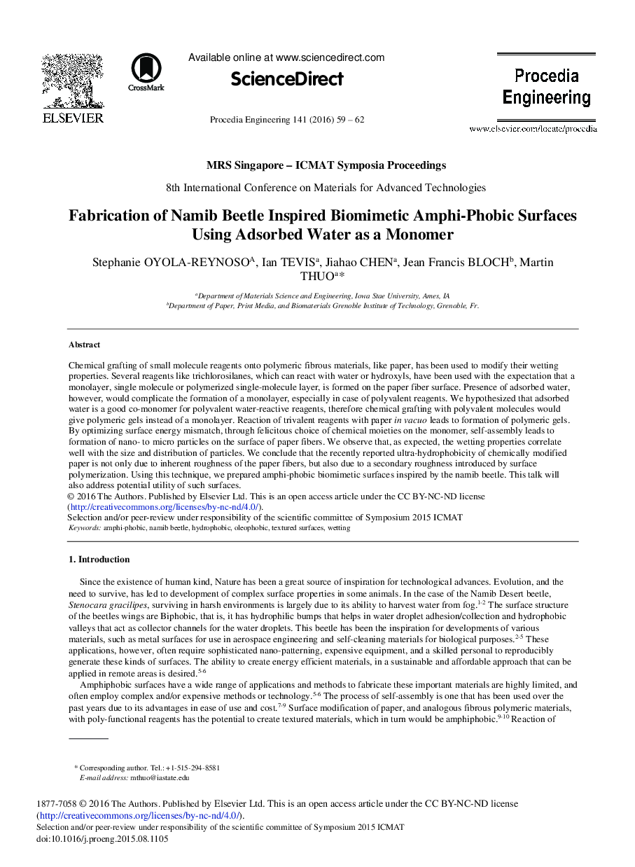 ساخت سطوح بیومیمتیک Amphi-Phobic الهام گرفته از سوسک نامیب با استفاده از آب جذب شده به عنوان یک مونومر