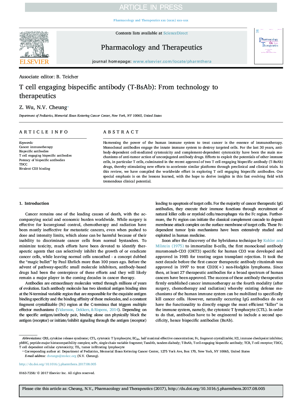 T cell engaging bispecific antibody (T-BsAb): From technology to therapeutics