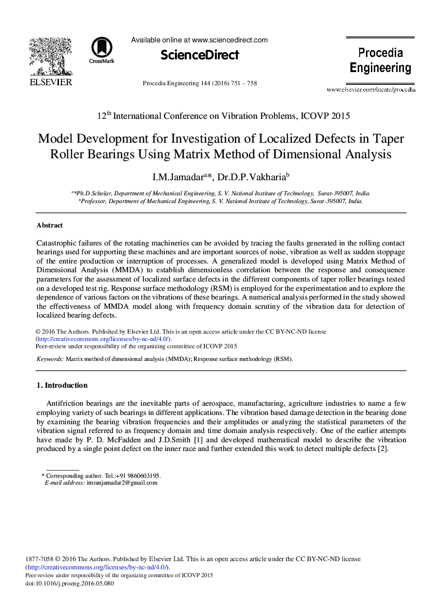 توسعه مدل برای بررسی نقصهای موضعی در بلبرینگ غلتکی مخروطی با استفاده از روش ماتریکس تحلیل ابعاد 