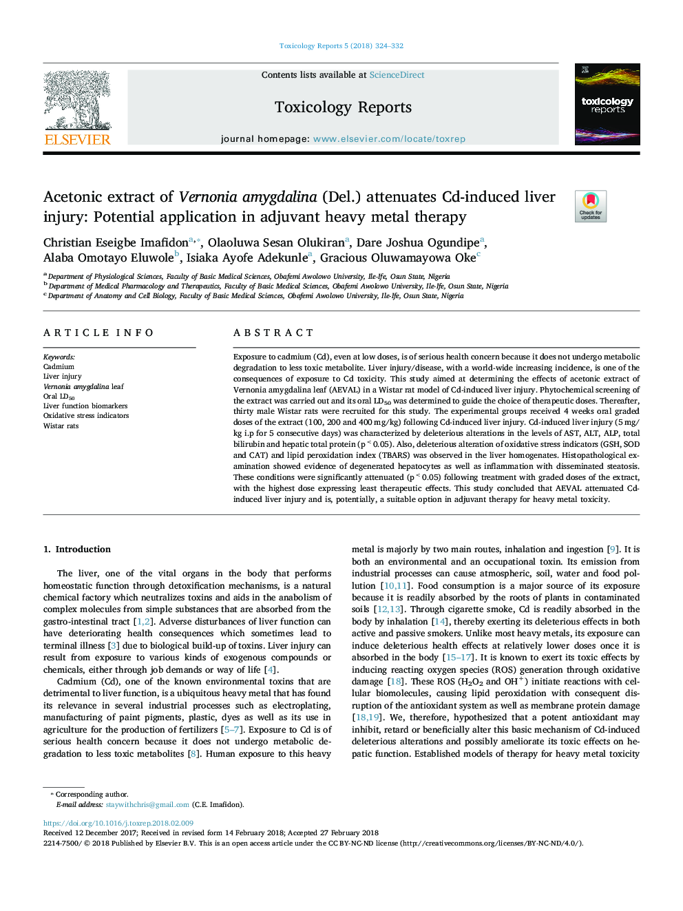 Acetonic extract of Vernonia amygdalina (Del.) attenuates Cd-induced liver injury: Potential application in adjuvant heavy metal therapy