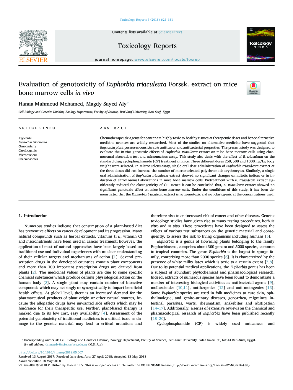 Evaluation of genotoxicity of Euphorbia triaculeata Forssk. extract on mice bone marrow cells in vivo
