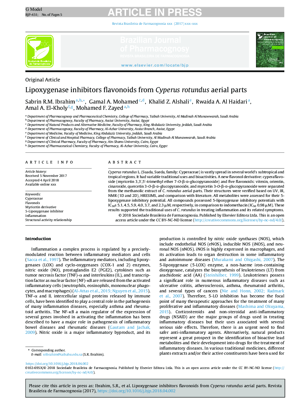 Lipoxygenase inhibitors flavonoids from Cyperus rotundus aerial parts