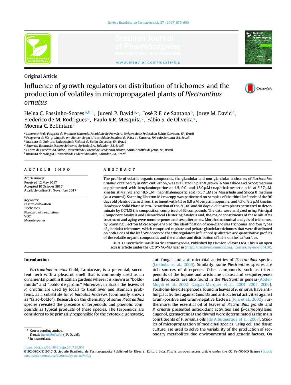 Influence of growth regulators on distribution of trichomes and the production of volatiles in micropropagated plants of Plectranthus ornatus