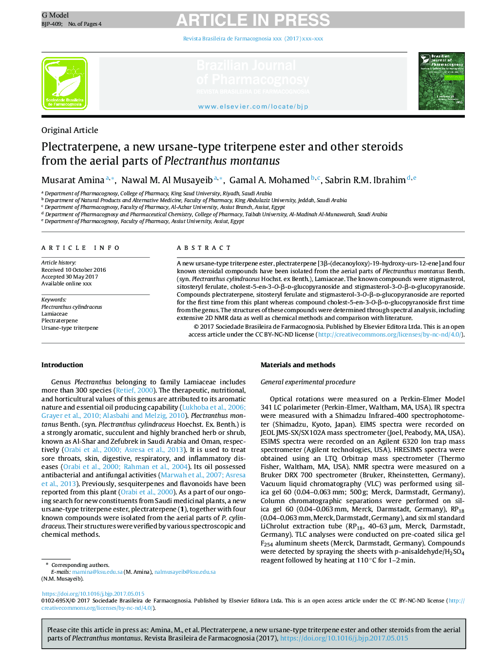 Plectraterpene, a new ursane-type triterpene ester and other steroids from the aerial parts of Plectranthus montanus