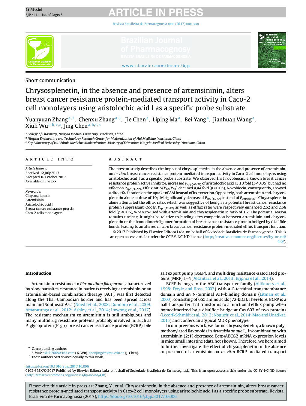 Chrysosplenetin, in the absence and presence of artemsininin, alters breast cancer resistance protein-mediated transport activity in Caco-2 cell monolayers using aristolochic acid I as a specific probe substrate