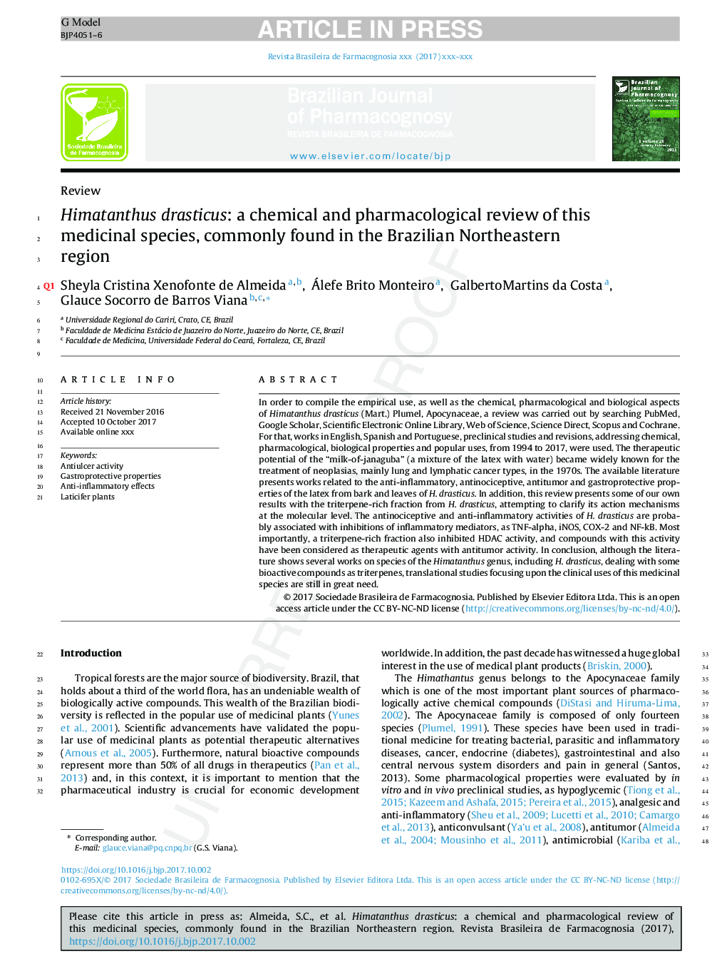 Himatanthus drasticus: a chemical and pharmacological review of this medicinal species, commonly found in the Brazilian Northeastern region