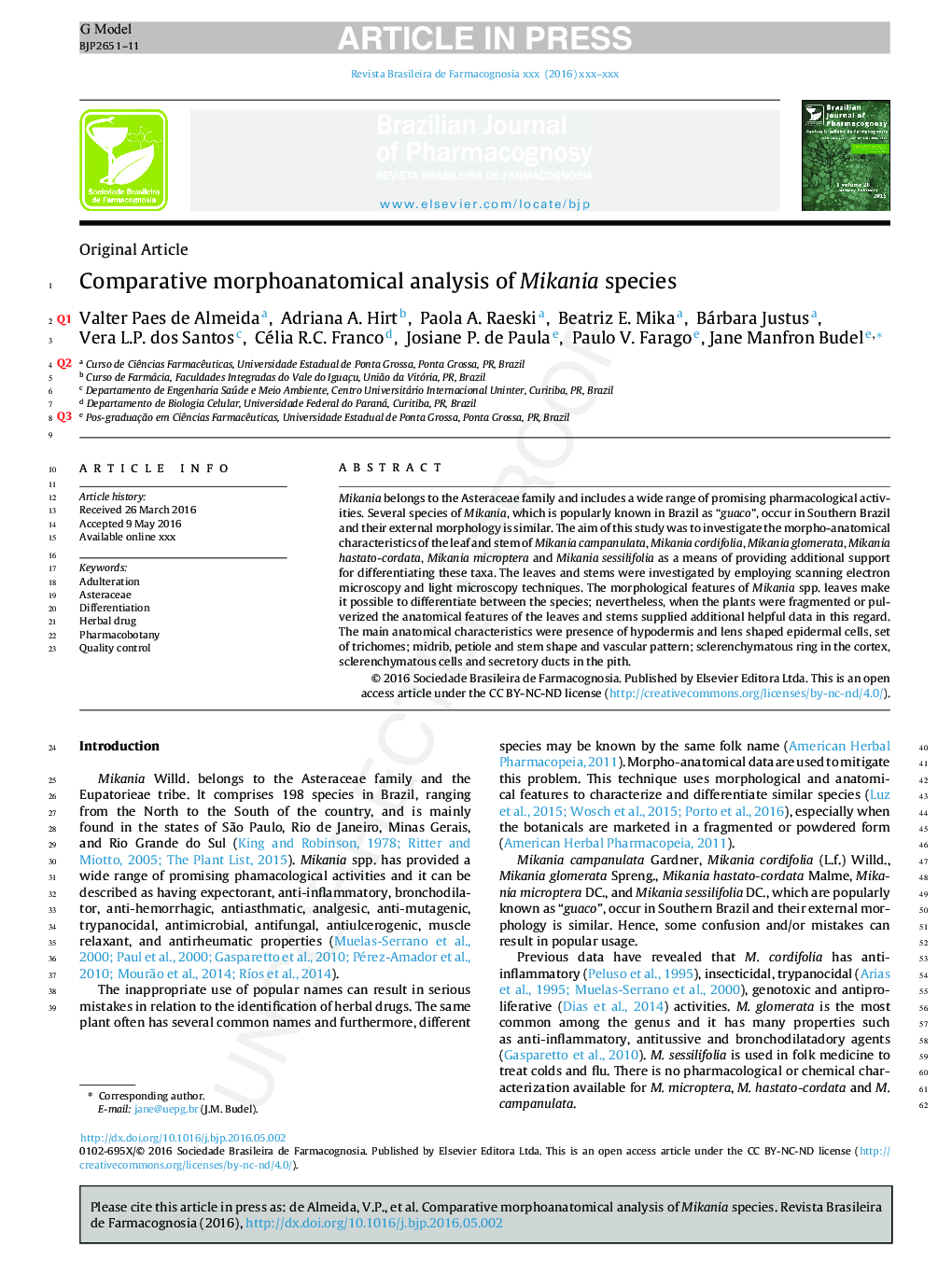 Comparative morphoanatomical analysis of Mikania species