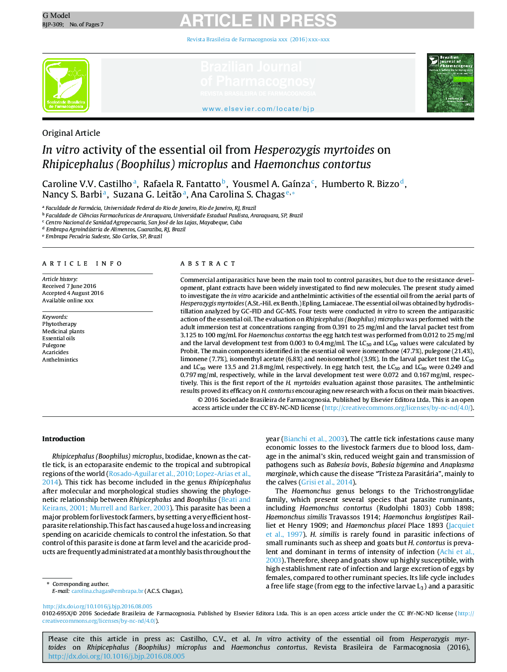 In vitro activity of the essential oil from Hesperozygis myrtoides on Rhipicephalus (Boophilus) microplus and Haemonchus contortus