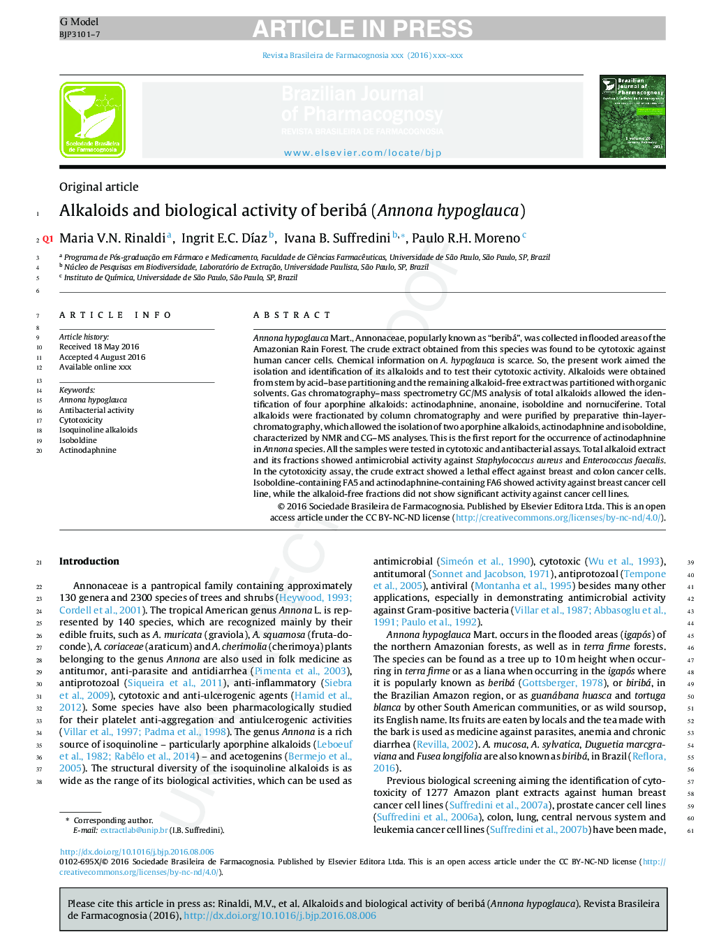 Alkaloids and biological activity of beribá (Annona hypoglauca)