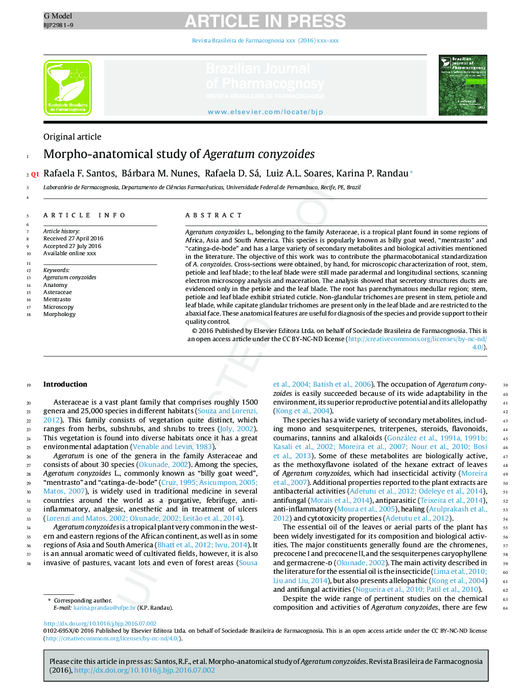 Morpho-anatomical study of Ageratum conyzoides