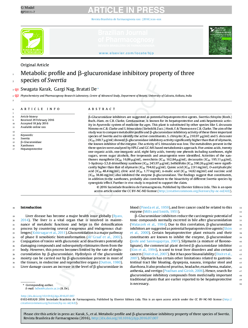Metabolic profile and Î²-glucuronidase inhibitory property of three species of Swertia
