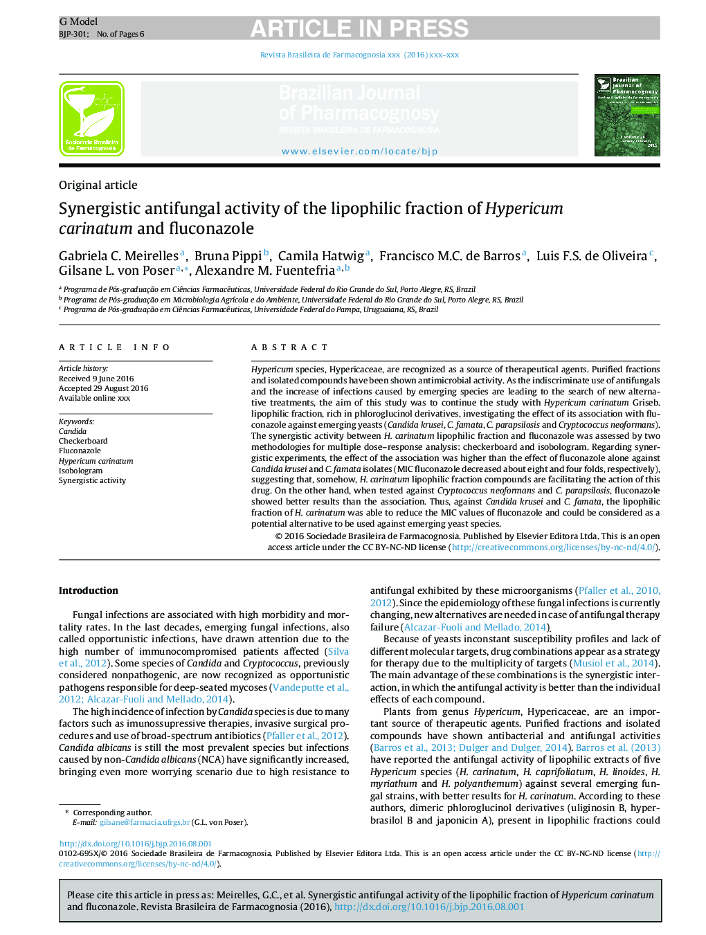 Synergistic antifungal activity of the lipophilic fraction of Hypericum carinatum and fluconazole