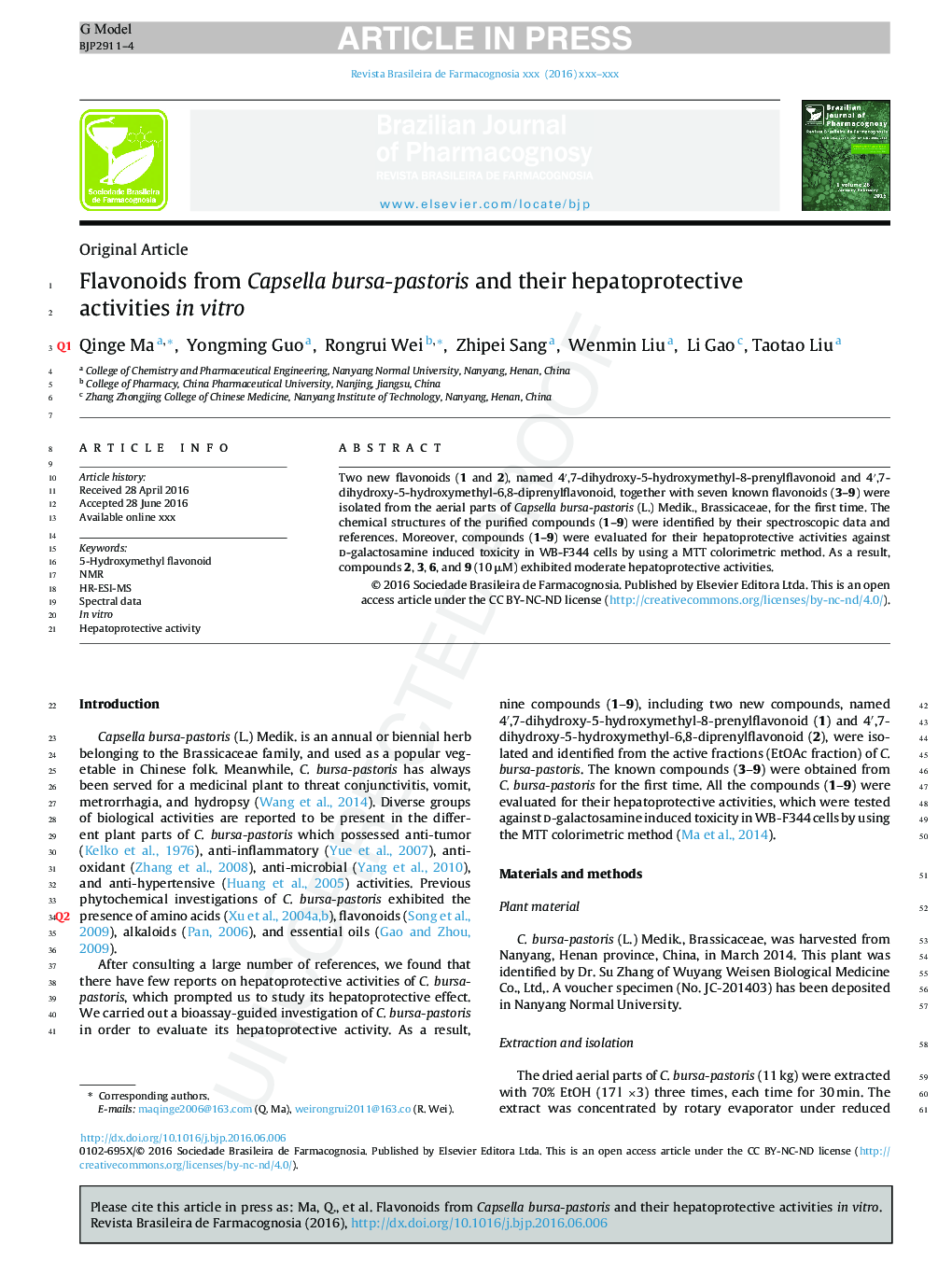 Flavonoids from Capsella bursa-pastoris and their hepatoprotective activities in vitro