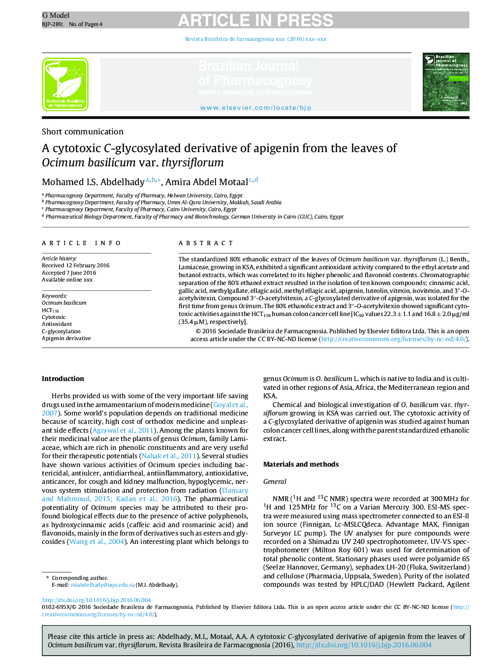 A cytotoxic C-glycosylated derivative of apigenin from the leaves of Ocimum basilicum var. thyrsiflorum