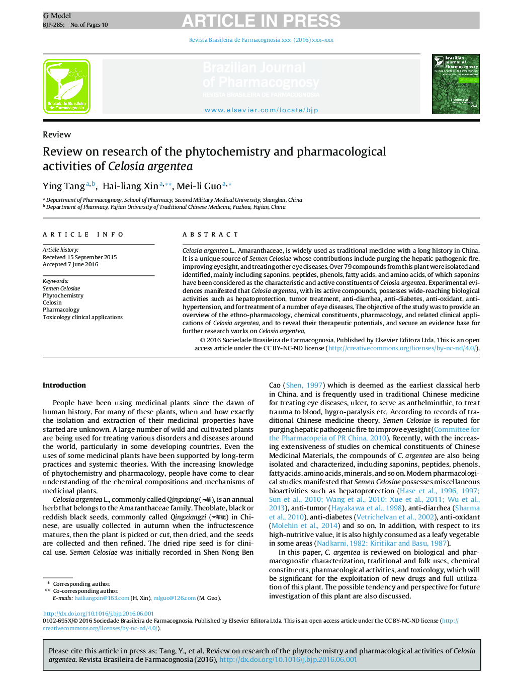 Review on research of the phytochemistry and pharmacological activities of Celosia argentea