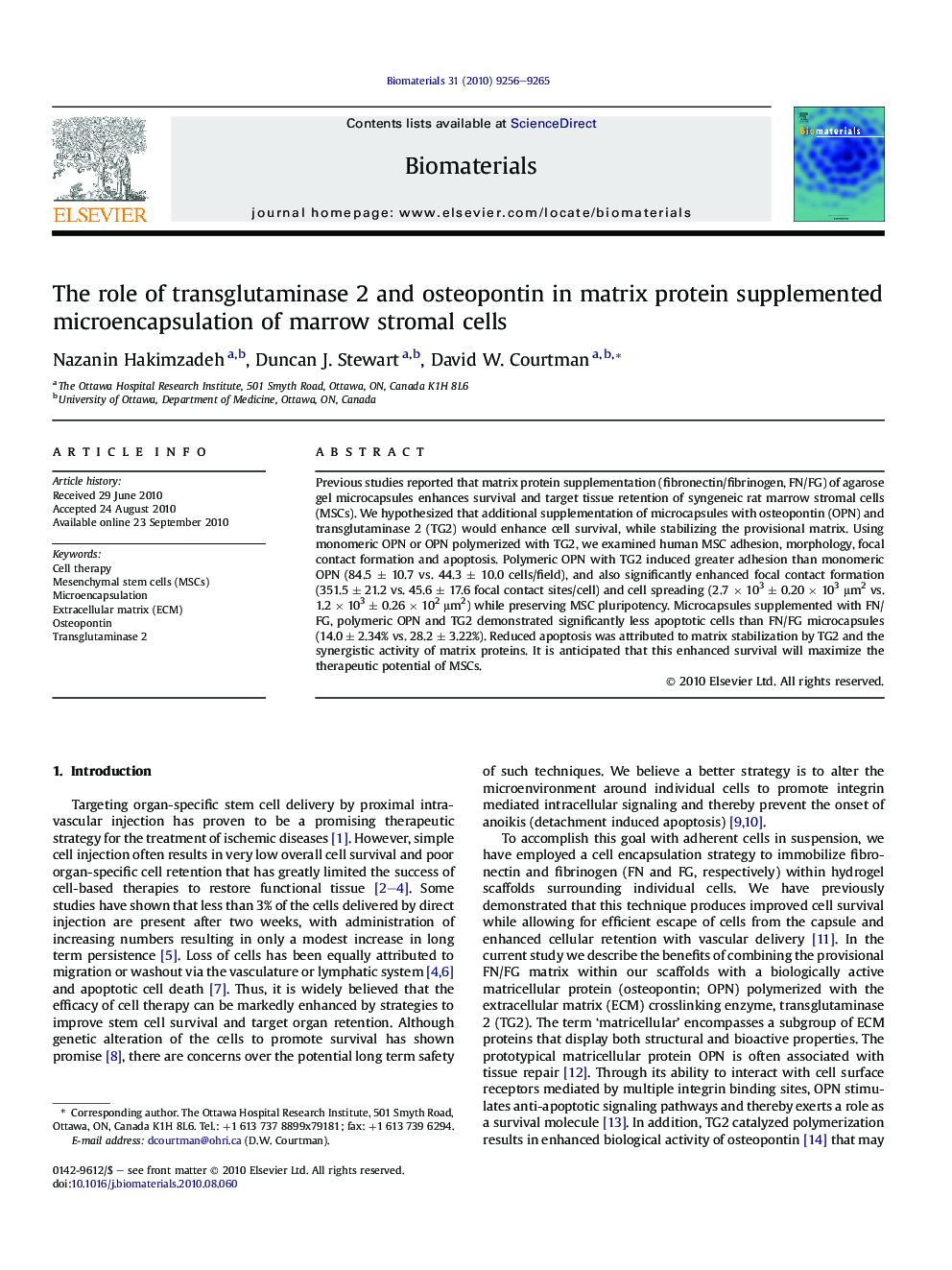 The role of transglutaminase 2 and osteopontin in matrix protein supplemented microencapsulation of marrow stromal cells
