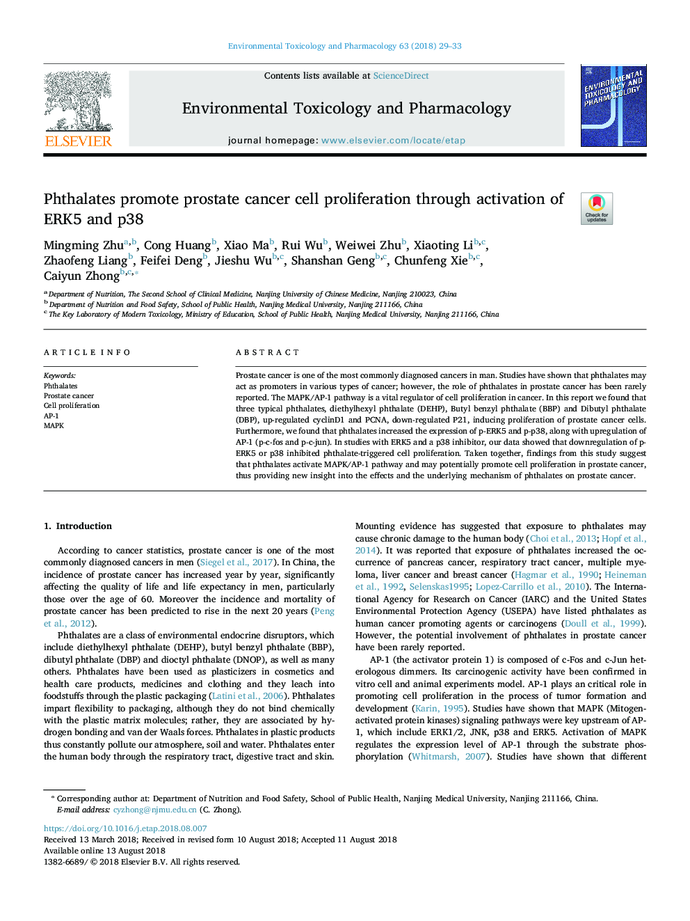 Phthalates promote prostate cancer cell proliferation through activation of ERK5 and p38