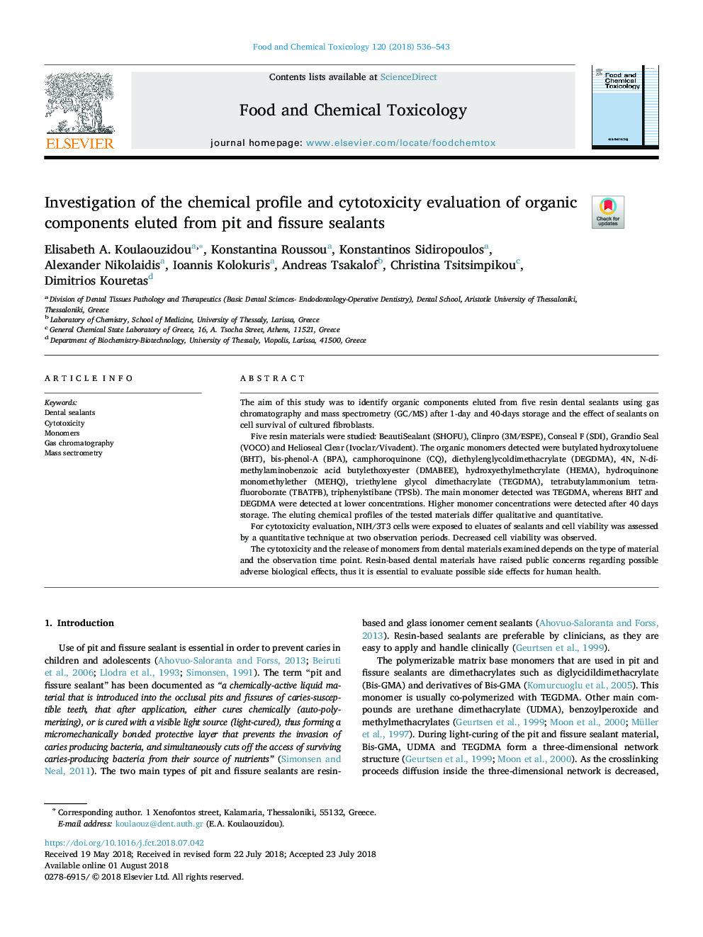 بررسی مشخصات شیمیایی و ارزیابی سمیت مسمومیت ترکیبات ارگانیکی که از سیلانت های گودال و فیشور جدا شده اند 