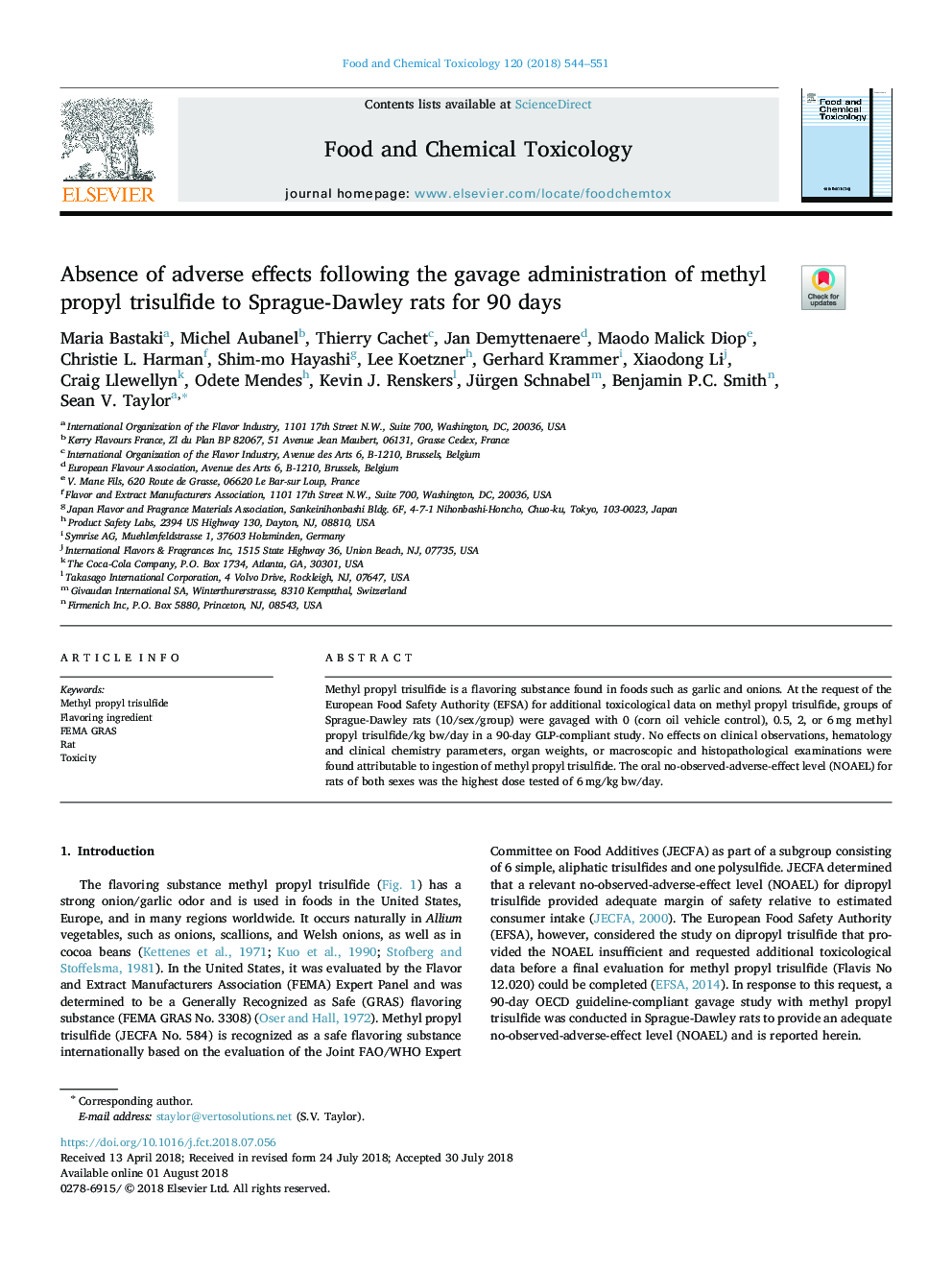 Absence of adverse effects following the gavage administration of methyl propyl trisulfide to Sprague-Dawley rats for 90 days