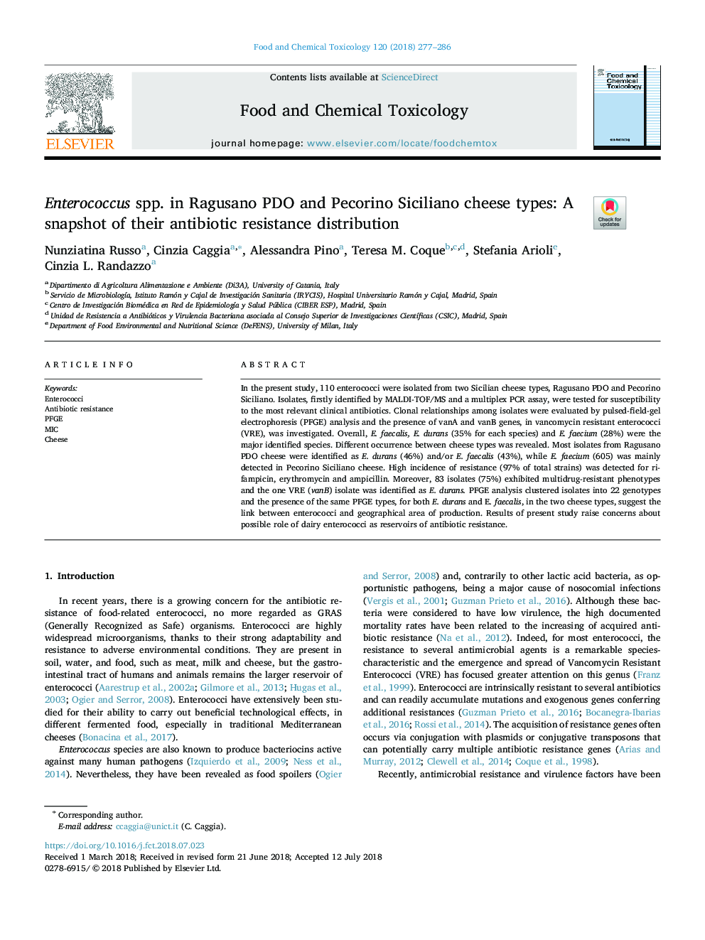 Enterococcus spp. in Ragusano PDO and Pecorino Siciliano cheese types: A snapshot of their antibiotic resistance distribution