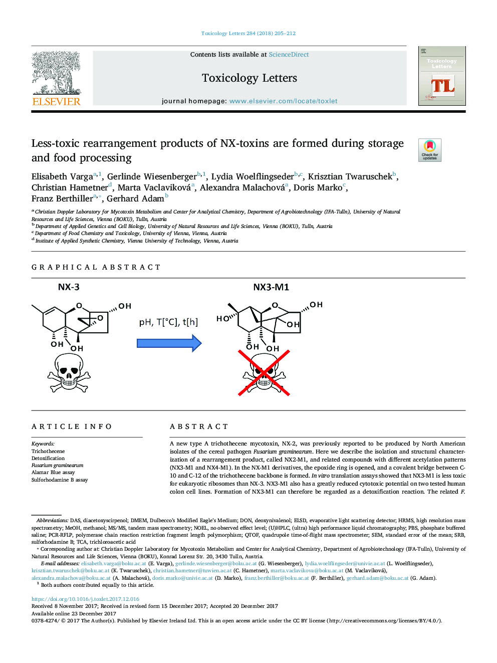 Less-toxic rearrangement products of NX-toxins are formed during storage and food processing