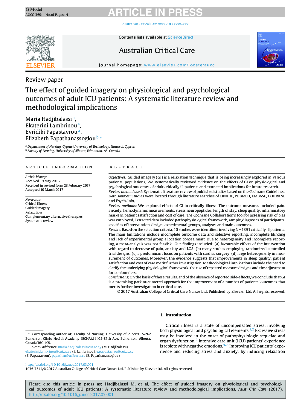 The effect of guided imagery on physiological and psychological outcomes of adult ICU patients: A systematic literature review and methodological implications